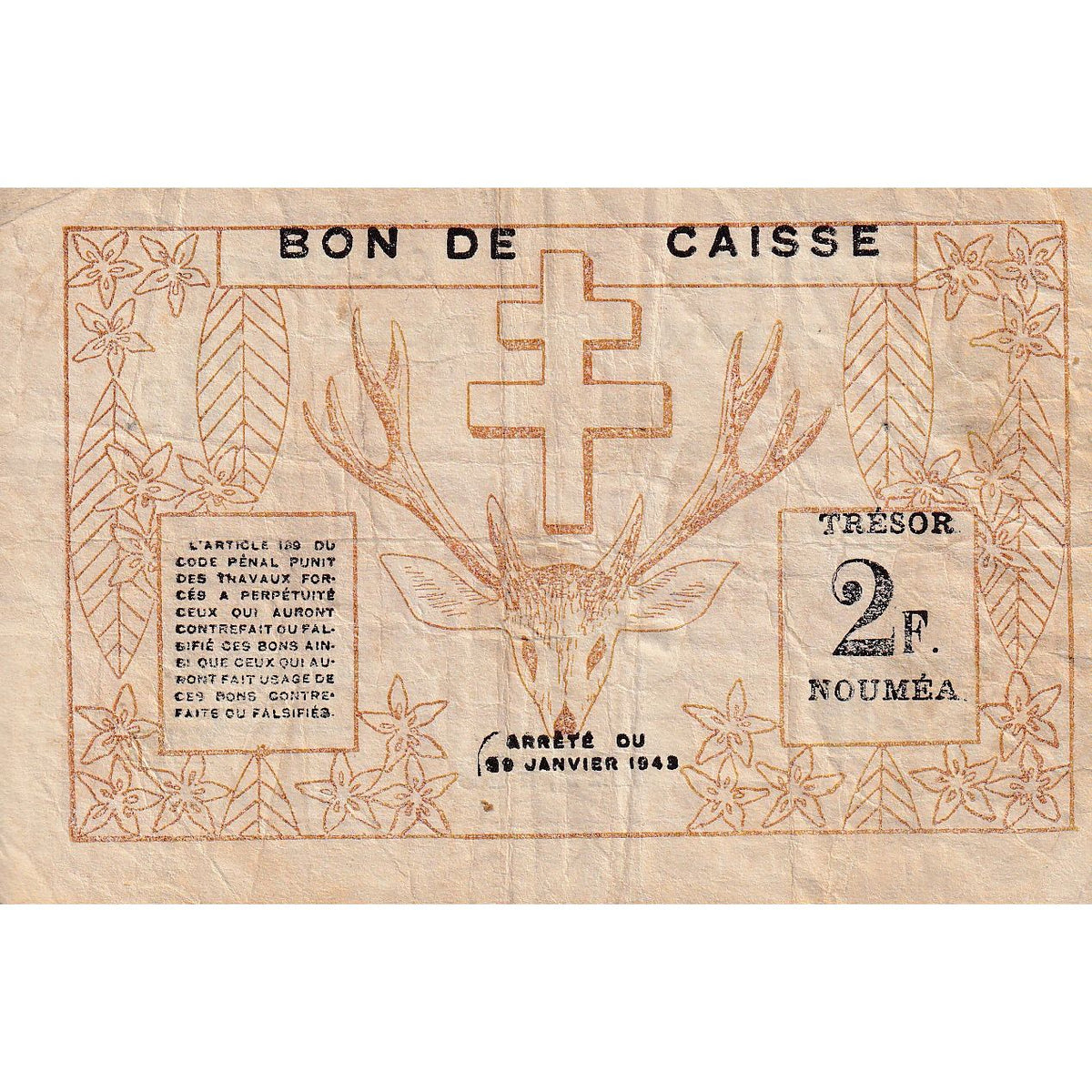 Billet de banque,
Nouvelle-Calédonie,
2 francs
