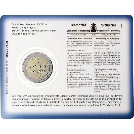 Luxembourg, 
  
  2 euros, 
  
  Centenaire du suffrage universel