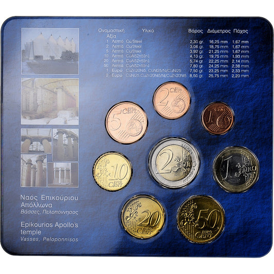 Grèce, 

Coffret 1 ct. - 2 euros, 

Carte à pièces