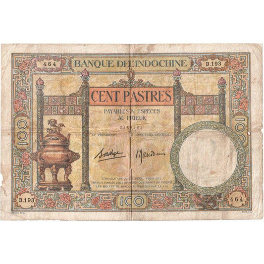 Indochine française, 
  
  100 piastres, 
  
  VF(20-25)